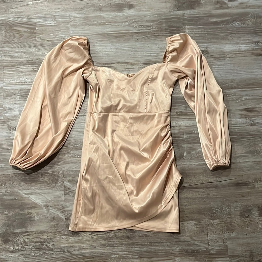 Nude, satin, puff sleeve dress